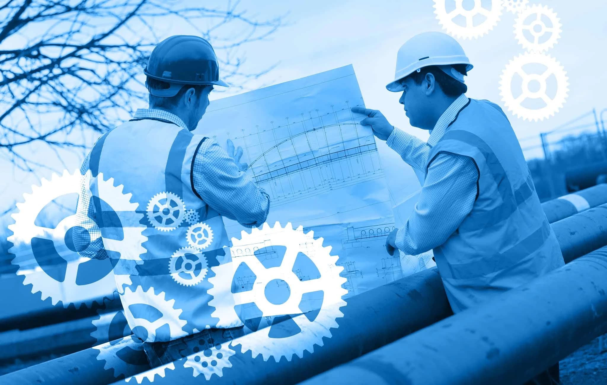 Two engineers in hard hats reviewing a blueprint, overlaid with gears