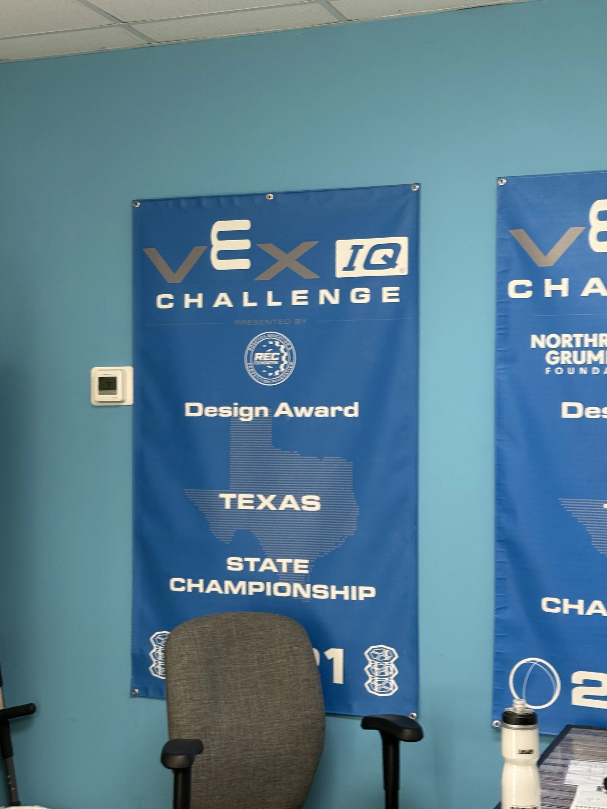 A VEX IQ Challenge Design Award banner from the Texas State Championship