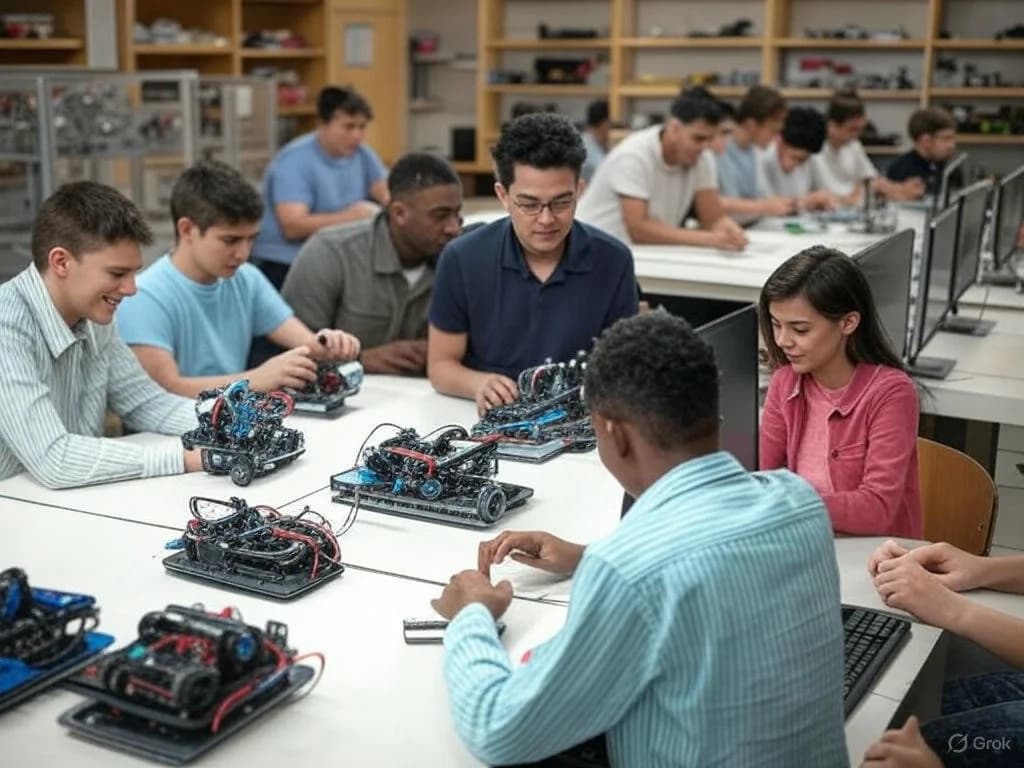Students working on robotics projects with computers and mechanical components in a classroom